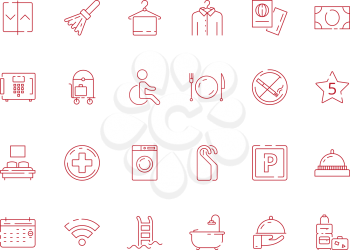 Hotel related signs. Fireplace travel icon breakfast area toilet wifi parking child place wardrobe vector hotel symbol. Illustration of hotel icons bathroom and swimming pool