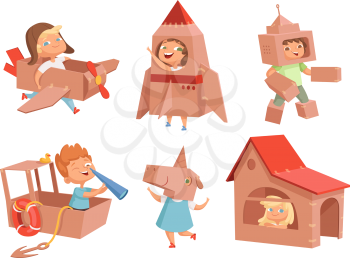 Cardboard kids playing. Childrens games with paper containers making airplane car and ship vector characters in cartoon style. Illustration of cardboard box costume, robot helmet and house