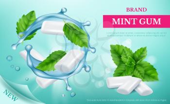 Mint gum. Advertizing poster with fresh sweets and leaf of mint vector realistic template. Illustration of promotion advertising, gum with peppermint