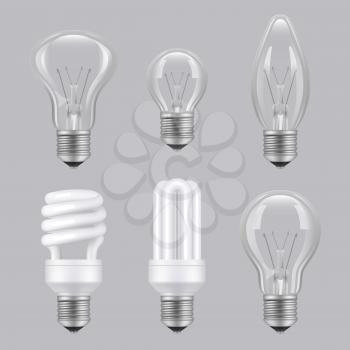 Realistic bulbs. Lighting electricity glass transparent lamps vector collection pictures. Illustration of lightbulb innovation electricity lamp