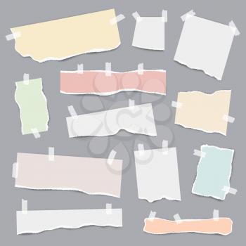 Taped paper. Ripped pieces of white and colored note pages vector realistic template. lllustration of ripped note, torn blank paper