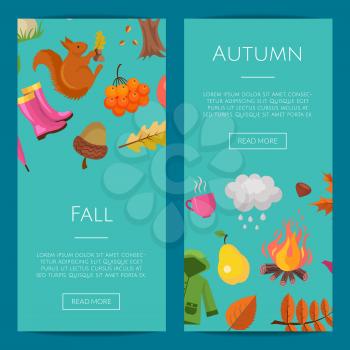 Vector cartoon autumn elements and leaves web banner templates illustration and set of poster