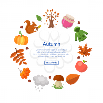 Vector cartoon autumn elements and leaves in circle shape with place for text illustration isilated on white