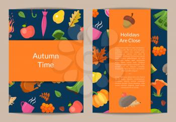 Vector cartoon autumn elements and leaves card or flyer template illustration