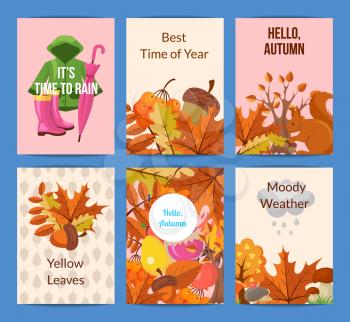Vector cartoon autumn elements and leaves card or flyer template illustration. Colored poster for web