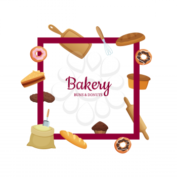 Vector cartoon bakery flying around frame with place for text illustration isolated on white