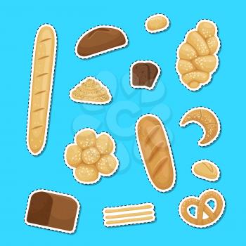 Vector cartoon bakery elements stickers set illustration isolated on blue background