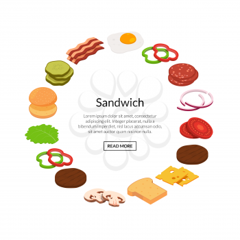 Vector isometric burger ingredients in circle shape with place for text illustration