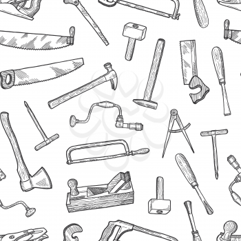 Vector hand drawn carpentry elements pattern or background illustration. Carpentry pattern with hand instrument, hammer and cutter
