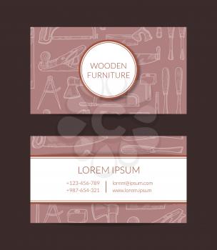 Vector hand drawn woodwork elements business card template for wooden furniture shop or hardware store illustration