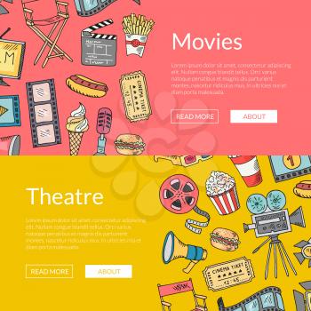 Vector cinema doodle icons horizontal web banners and poster illustration. Cinema elements sketch