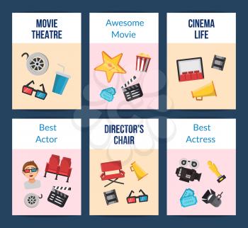 Vector colored flat cinema icons card of set with place for text illustration