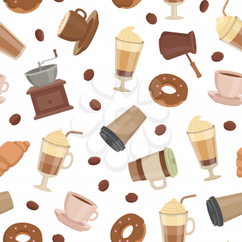 Vector cartoon coffee types pattern or background on white illustration