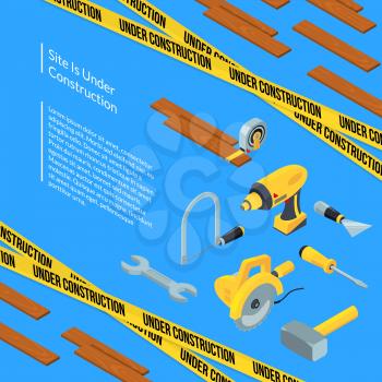 Vector under construction tools isometric icons background with ribbons, wood and place for text concept illustration
