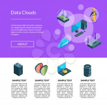 Vector electronic system of data center icons landing page template illustration