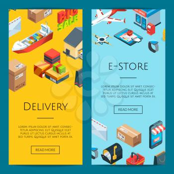 Vector isometric logistics and delivery icons web banner and poster card templates illustration