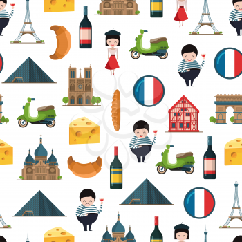 Vector cartoon France sights and objects background or pattern illustration. Tourism travel paris patttern, architecture tower eiffel and notre dame