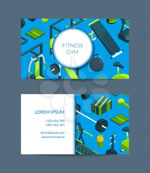 Fitness and sports club cards. Vector isometric gym card objects for gym sport training illustration