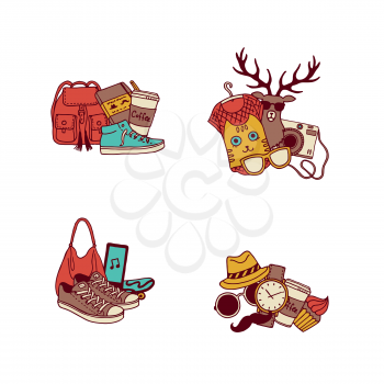 Vector hipster doodle icons of set illustration isolated on white. New fashion sketch elements