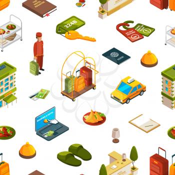 Vector colored 3d isometric hotel icons set pattern or background illustration