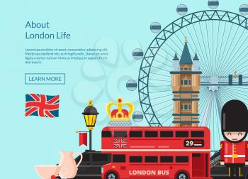 London background. Vector cartoon London sights and objects background with place for text illustration