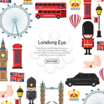 Vector cartoon London sights and objects background with place for text illustration. England attractions