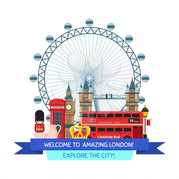 Vector banner an poster with cartoon London sights and objects illustration