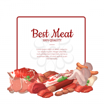 Vector frame with place for text with pile of cartoon meat elements below illustration. Meat food, restaurant menu frame banner