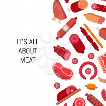 Vector flat meat and sausages icons on white background with place for text illustration