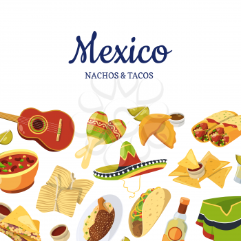 Vector cartoon mexican food background with place for text illustration. Hat and guitar flat style