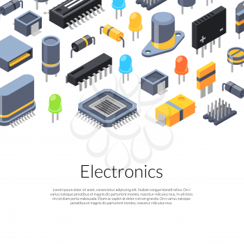 Banner vector isometric microchips and electronic parts icons with place for text illustration