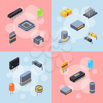 Vector banner and poster with isometric microchips and electronic parts icons infographic concept illustration