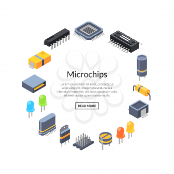 Vector isometric microchips and electronic parts icons in circle shape with place for text illustration