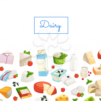Vector cartoon dairy and cheese products background with place for text illustration. Web banner and poster page