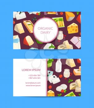 Vector cartoon milk and cheese products business card template for dairy shop or farm illustration