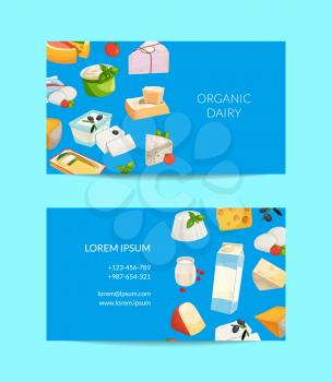 Vector cartoon milk and cheese products business card template for dairy shop or farm illustration
