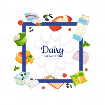 Vector cartoon dairy and cheese products flying around frame with place for text illustration