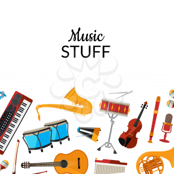 Vector cartoon set of musical instruments background with place for text illustration. Guitar and drums