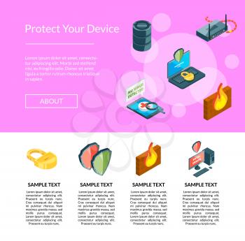 Vector isometric data and computer safety icons landing page template illustration