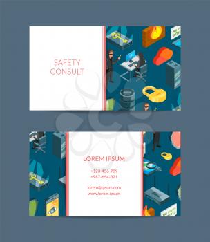 Vector isometric data and computer safety icons business card template for online security company illustration