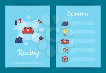 Vector flat car racing icons card or flyer of collection template illustration