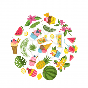 Vector flat cute summer elements, cocktails, flamingo, palm leaves in circle shape illustration