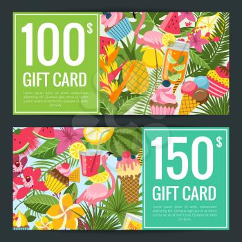 Vector flat cute summer elements, cocktails, flamingo, palm leaves discount or gift voucher templates illustration