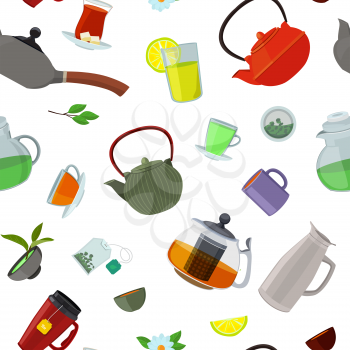 Vector cartoon tea kettles and cups pattern or background illustration. Green and tea kettle, drink teapot for breakfast