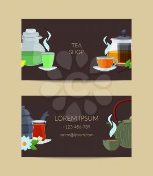 Vector cartoon tea kettles and cups business card template for tea shop illustration