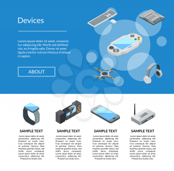 Vector isometric gadgets icons landing page template website with text info illustration