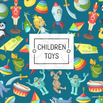 Vector cartoon children toys background with place for text illustration. Web poster and page