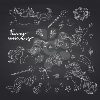 Vector cute hand drawn magic unicorns and stars set isolated on black chalkboard background illustration