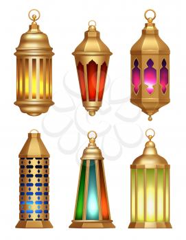Islamic lamps. Ramadan lanterns arabic vintage golden lighting lamps vector realistic pictures. Muslim lamp lantern, islamic or arabic illustration
