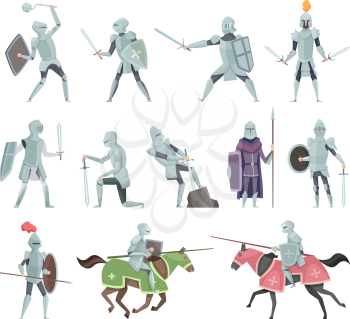 Knights. Medieval battle armor characters crusaders historical battle mascots vector cartoon. Horseman and sword, mace and shield illustration